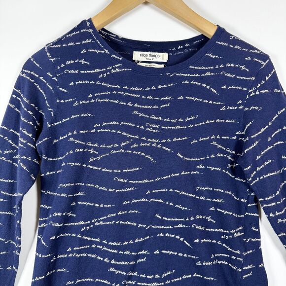 Nice Things Paloma S Anthropologie Top Womens Small Navy White French Script - Picture 2 of 14